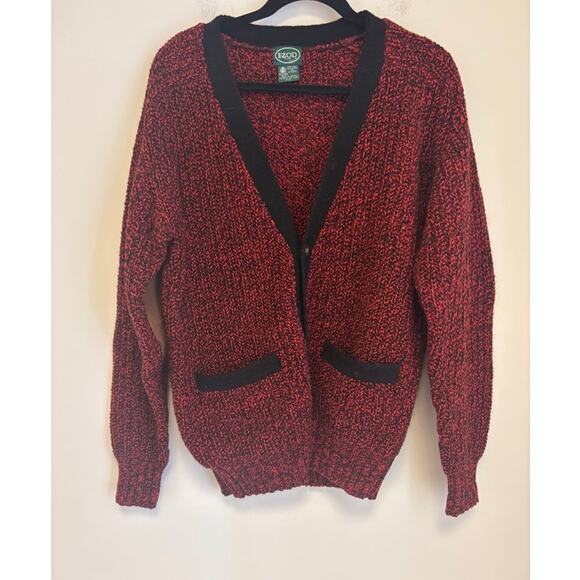 Izod Vintage 100% Wool Cardigan with Elbow Patches Red Black Size Medium - Picture 1 of 6